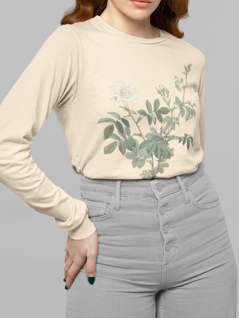 Rose Vintage Floral Print Long Sleeve Graphic Tee T-shirt S-XXL